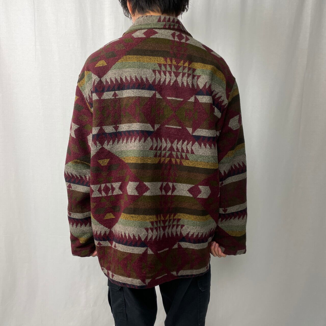 BLUE LINE ウールジャケット ネイティブ柄 メンズXL相当 古着 レッド