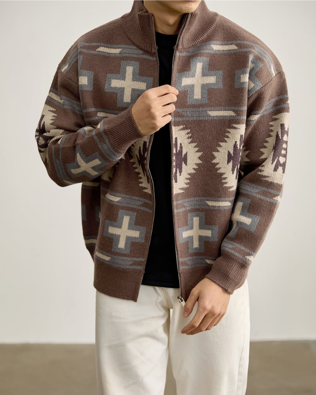 ジャガード調 ジップアップニットジャケット 3色 A0015