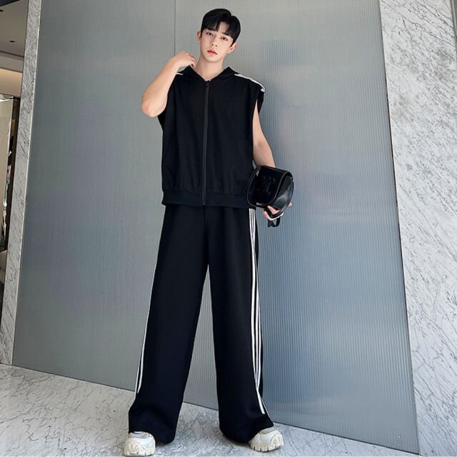 【予約販売】メンズ セットアップ 上下 無地 シンプル ライン スエット ノースリーブ パンツ ジップデザイン ストリート ブラック 韓国 カジュアル 春 夏 秋 M/L/XL