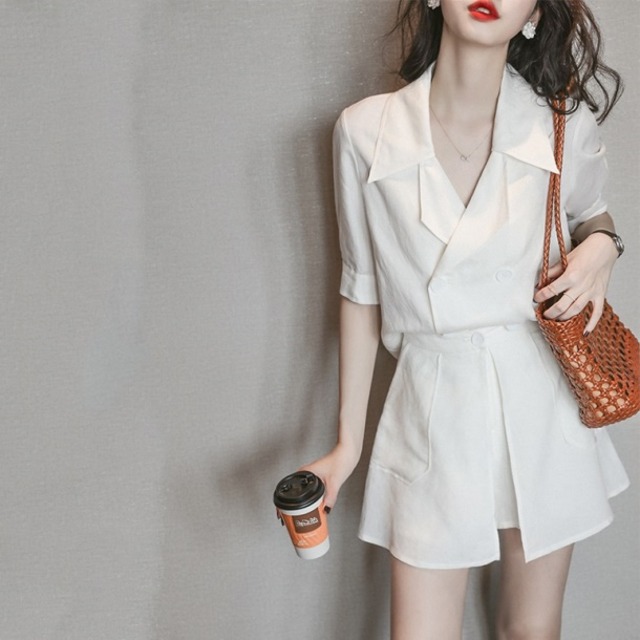 レディース 夏セットアップ 韓国 ファッション レディース シャツ ジャケット ショートパンツ 夏服 セットアップ レディース 白シャツ スカート風 フレアショートパンツ 上下セット Vestito
