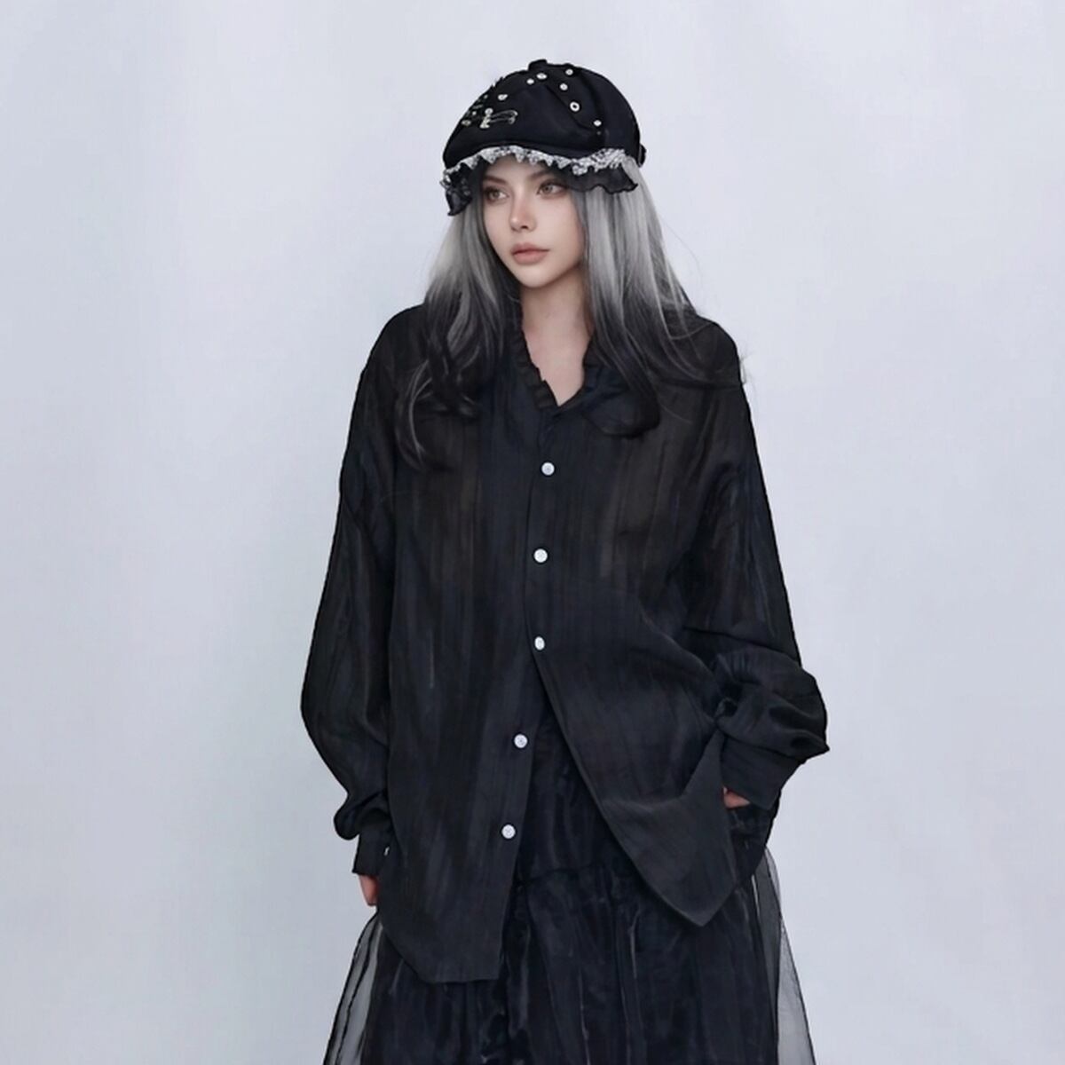 フリルネック シアー ルーズシャツ 2color BL0632