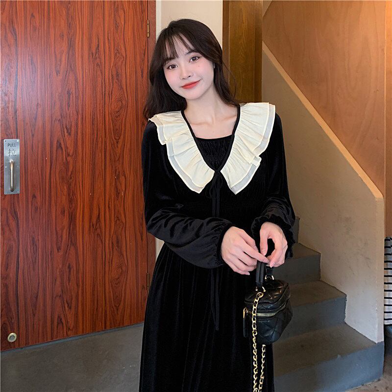 【新作】【送料無料】 甘いフリル、優しいスタイル、スリミング ゴールド ベルベット ドレス、ハイウエスト、スリミング、お腹カバー デザイン、リトル ブラック ドレス 0295447743170