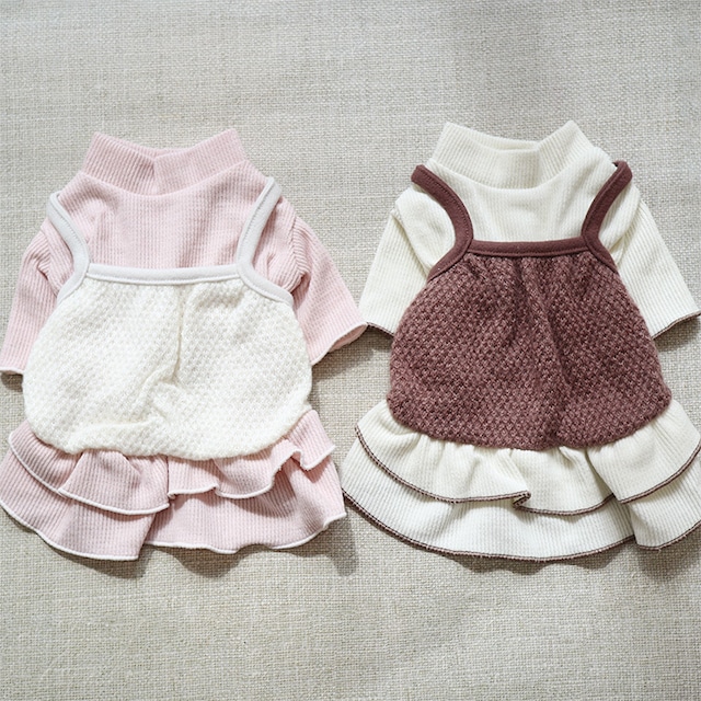 diva onepiece S ~ XL 2color  /  犬服 秋冬 ワンピース ドレス 重ね着風 ドッグウェア 韓国ワンコ服 フリル 無地 シンプル 犬の服 小型犬 中型犬 ペット用品
