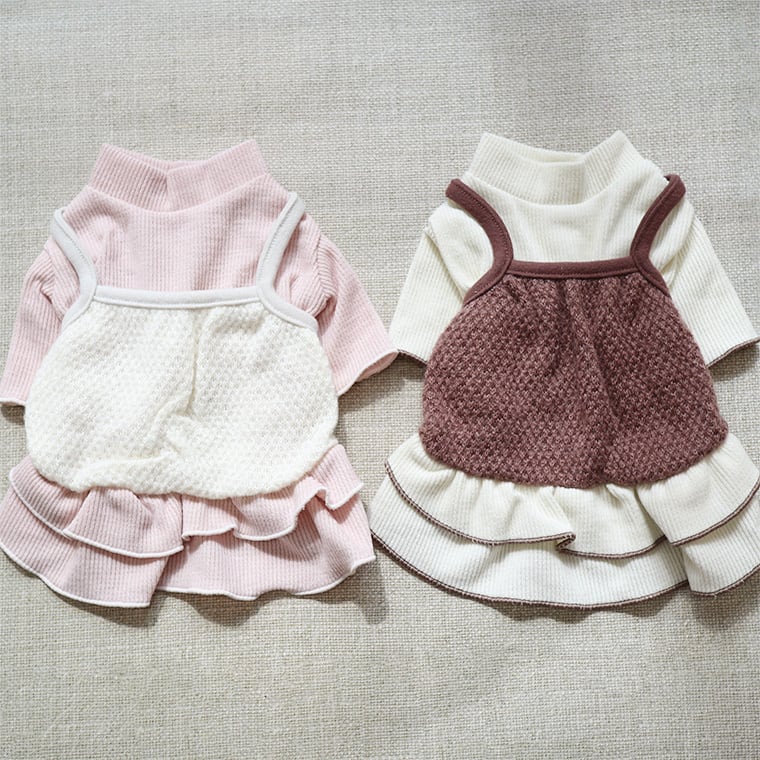 diva onepiece S ~ XL 2color / 犬服 秋冬 ワンピース ドレス 重ね着風 ドッグウェア 韓国ワンコ服 フリル 無地 シンプル 犬の服 小型犬 中型犬 ペット用品