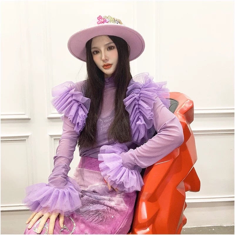 ブラウス フリル ブラウス 紫 ラメ ラインストーン ピンク 緑 ブラウス