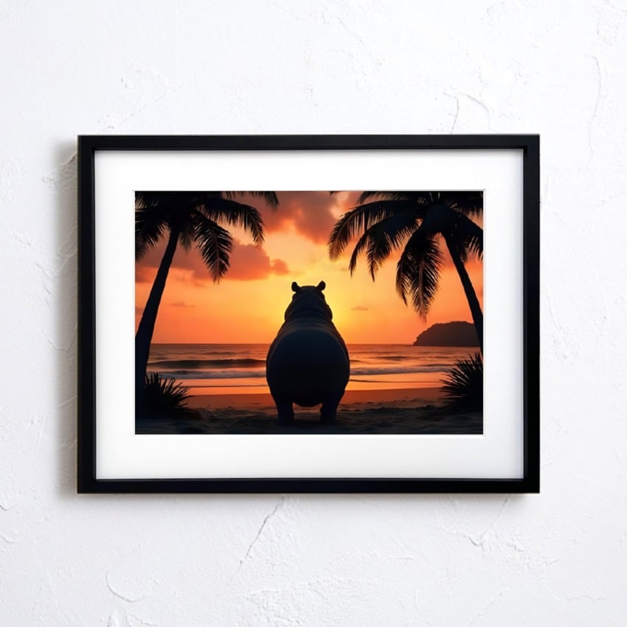 故郷を想うカバ｜夕焼けを見つめる癒しのカバアートポスター｜南国ビーチの優しい物語性を空間に｜A4ポスター