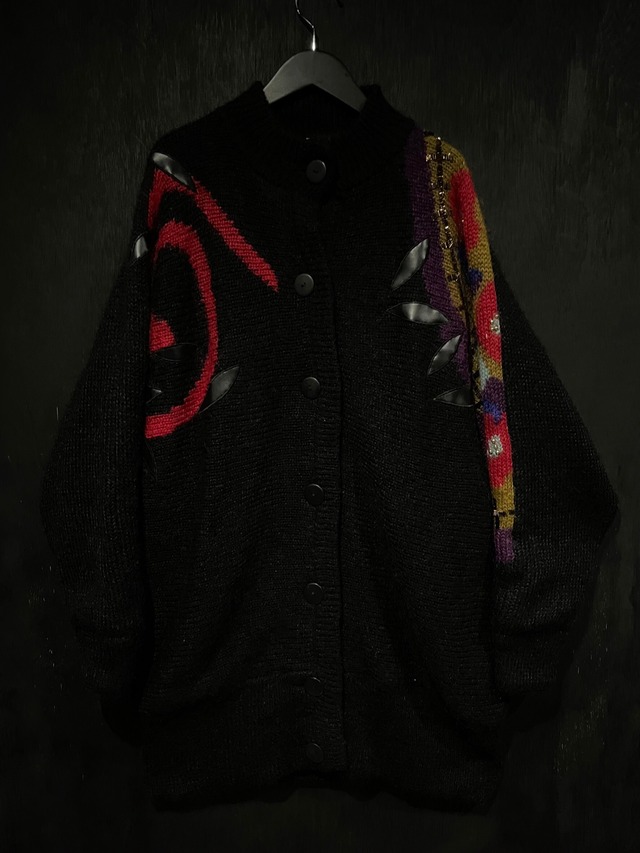 【WEAPON VINTAGE】Flower x Swirl Pattern Faux Leather Patch Design Mohair Mix Knit Jacket