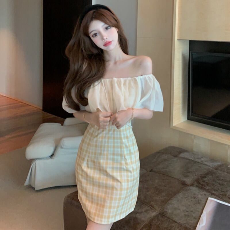 メッシュショートスカート スタイルスタンダード格子柄スリムドレス レトロ ハンチェンe9885790436