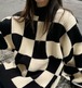 ニットセーター レディース ニットトップス セーター ニット トップス 市松模様 チェック柄 コントラストカラー 長袖 カジュアル ゆったり ルーズ オーバーシルエット おしゃれ ラウンドネック