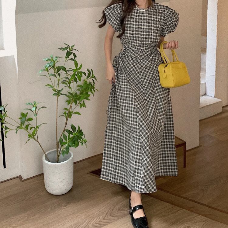 パフスリーブウェストレースアップドレス3221