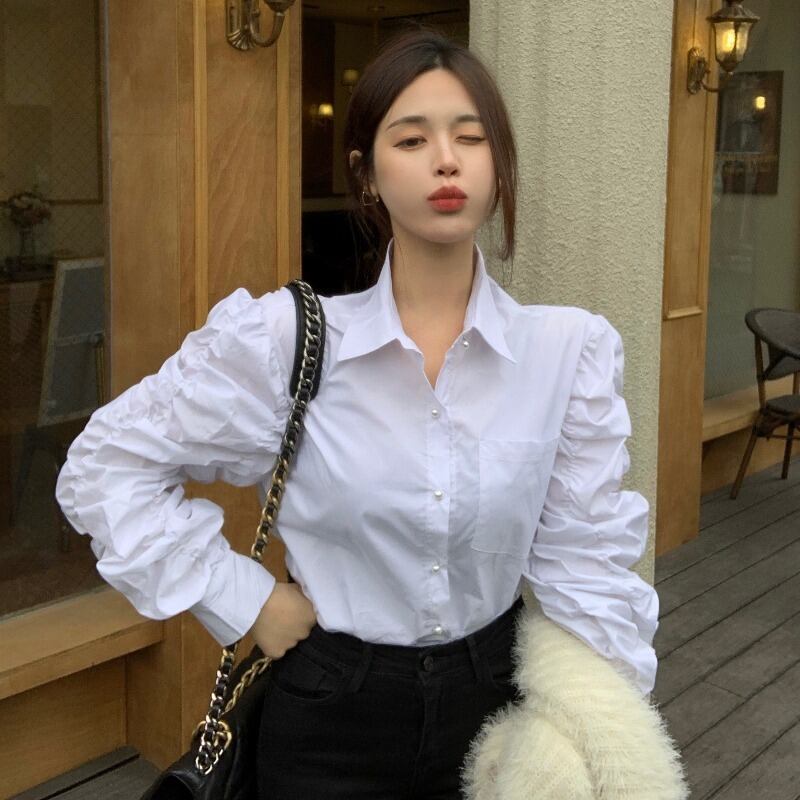 シャツ スリーブレディーススプリングホワイトルーズ ロング 春物 ブラックストロベリース9214401703