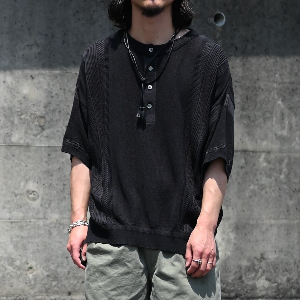 YASHIKI ヤシキ ヘンリーネック ニット オーバーサイズ ブラック 2 L YASHIKI / Ryokufu Henley Knit | GANKO