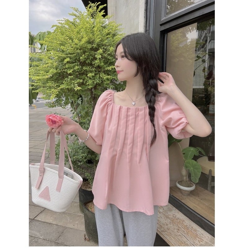 OHGA オオガ　パフスリーブ プリーツ 半袖トップス　ピンク　美品 送料無料】 夏大きいサイズワンショルダーシャツ、太くてゆるい、着
