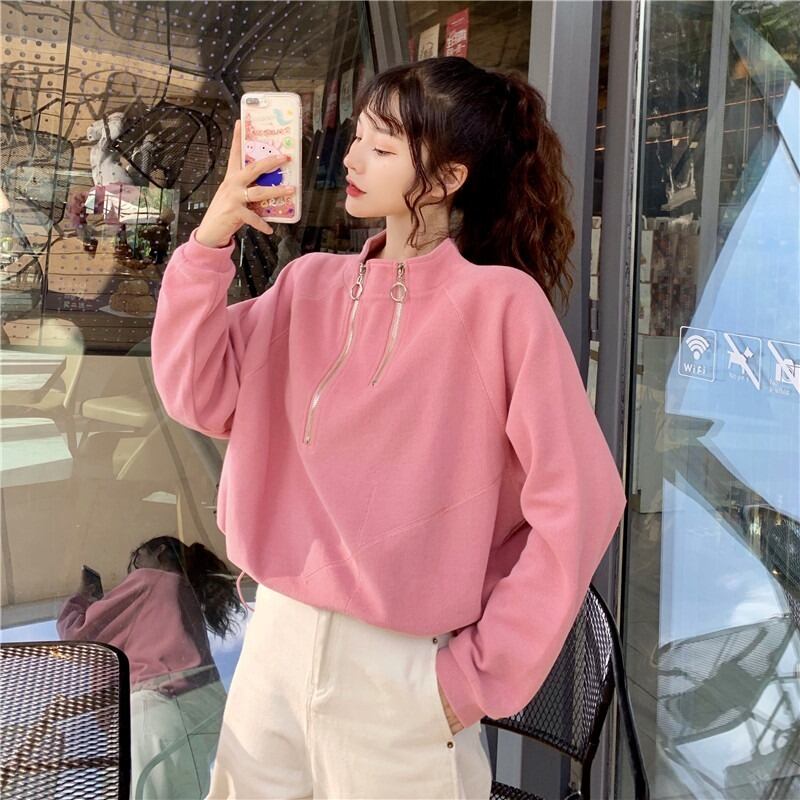 ジッパーショートセーター ルーズカラープルオーバー ギャザーウェストトップス YY-ファッション29421113282