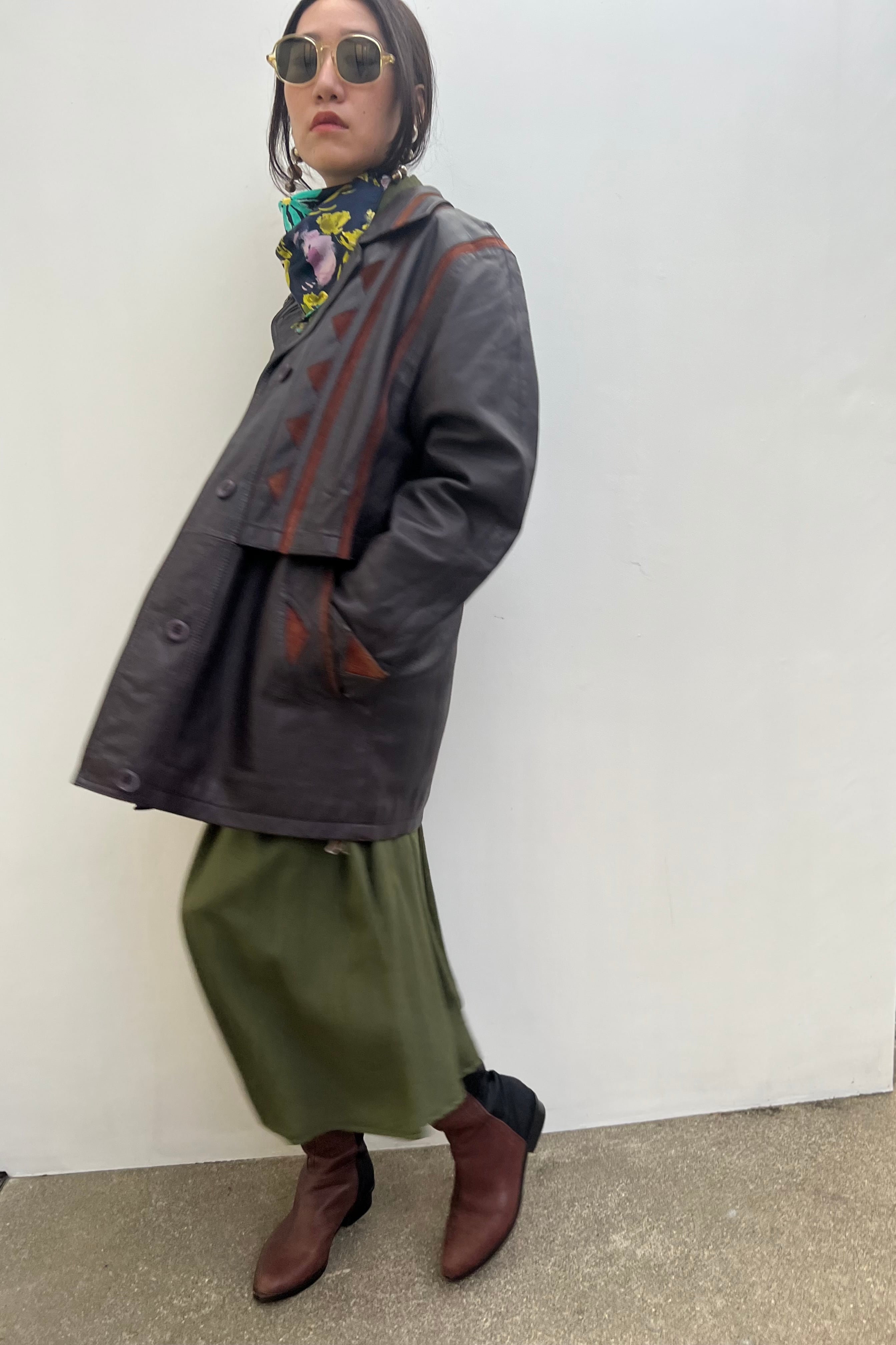 Vintage dark brown × brown bi-color geometric leather jacket( ヴィンテージ  ダークブラウン × ブラウン バイカラー ジオメトリック レザージャケット ) | Riyad vintage shop powered by BASE