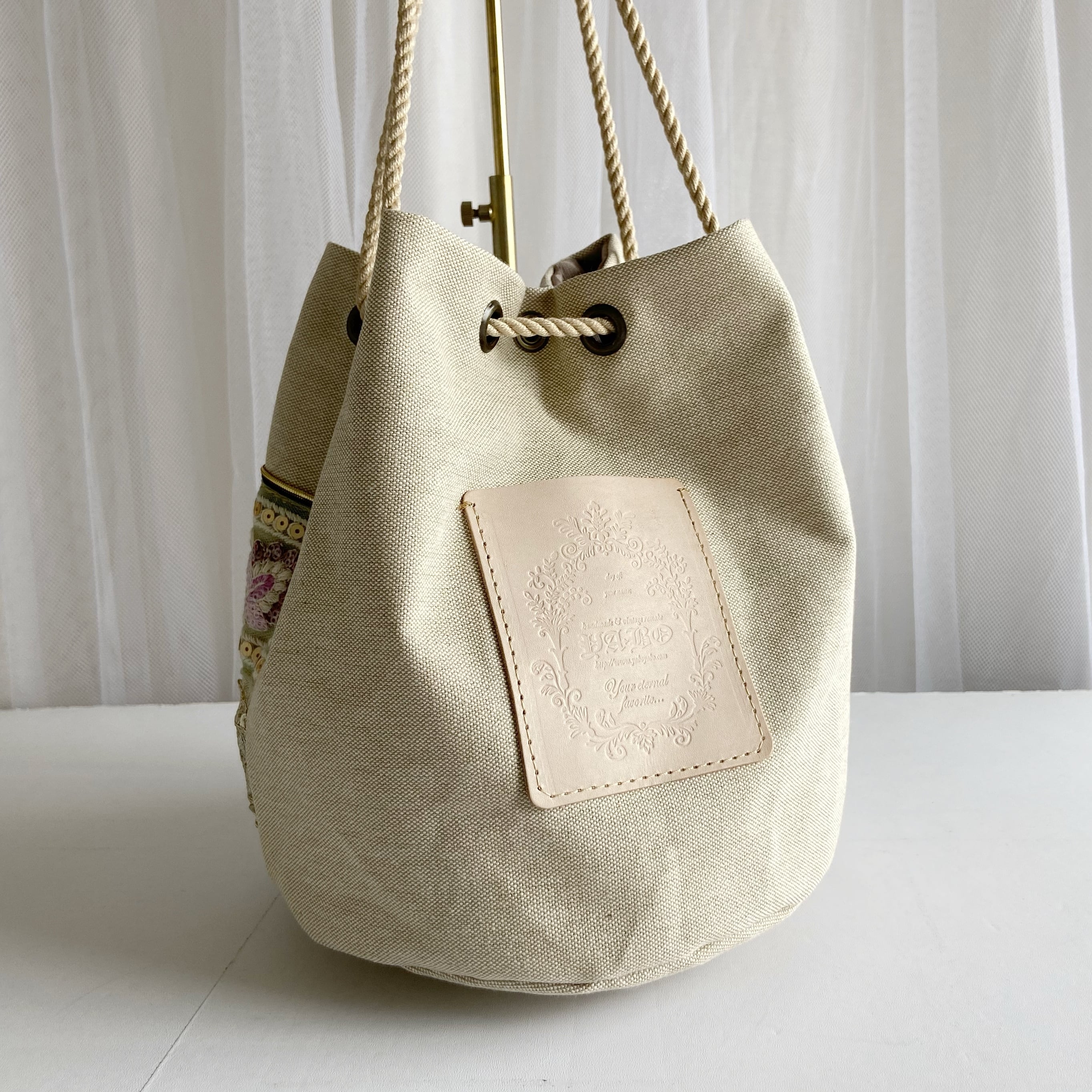 インド刺繍リボン巾着＊てさげ＊斜めがけ＊2WAY斜めがけ＊軽量＊ミント