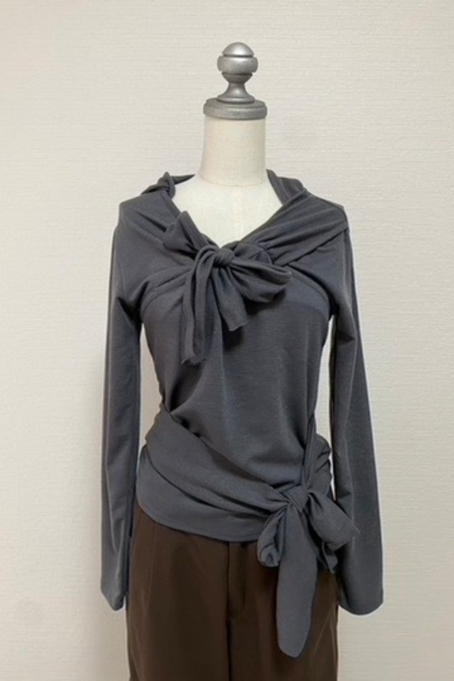 Hooded Ribbon Wrap Tops (Gray) 2603-41-007