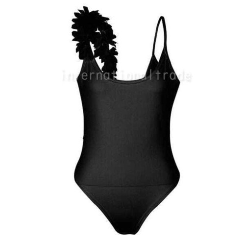 レディース水着 ワンピース水着 バックシャン 背中あき フラワーストラップ 黒無地 シンプル セクシー 体型カバー 上品 無地 フラワーフリル スタイリッシュ 美シルエット ウエスト細見え 小胸カバー  着痩せ効果 大人可愛い　w9076
