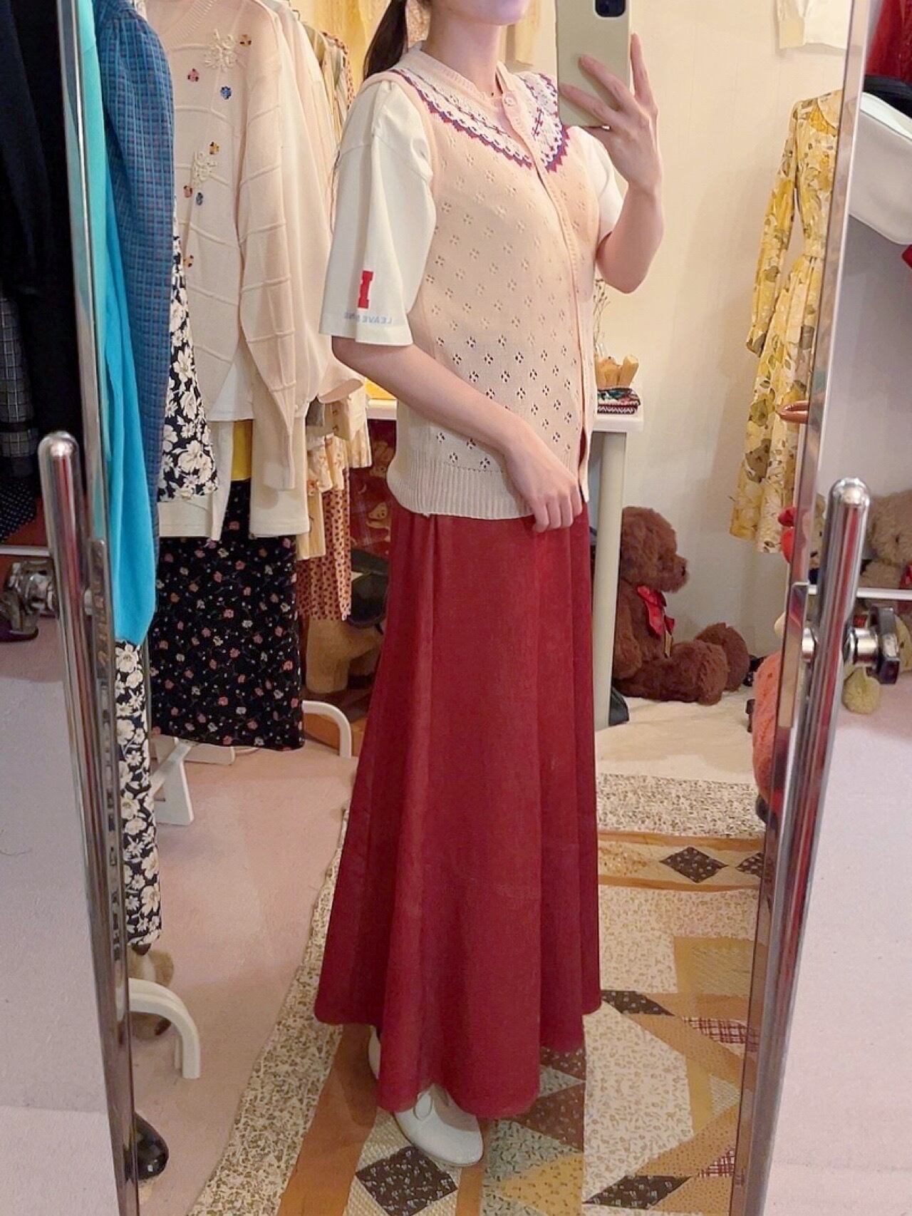 red denim seams flare skirt