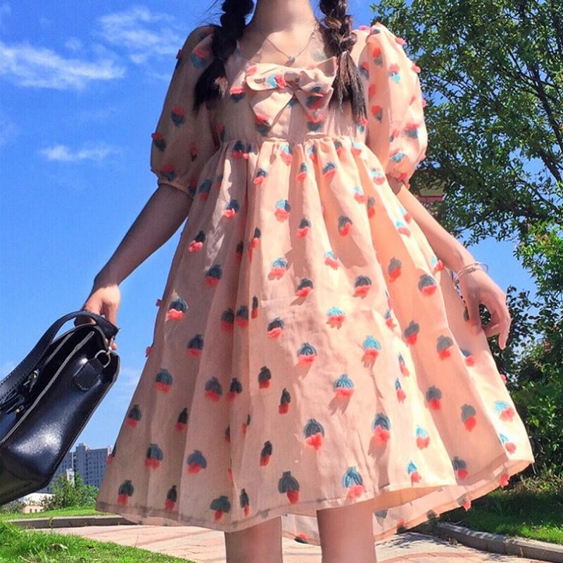 Flowerデザイン リボンドレス サマースタイルスリーブスカート 大人ガーリー スウィート キュート カジュアル 夏物 フラワーデザイン スクウェア 萌量不足7600409827