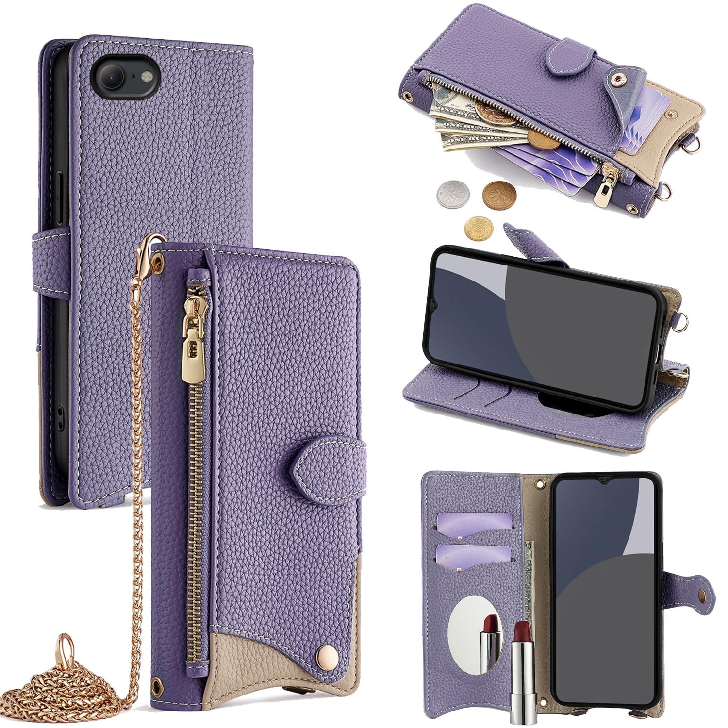 For iPhone SE3 ケース 手帳型 ショルダー For iPhone SE2 For iPhone8/For iPhone7 カバー 財布型 肩掛け 横+縦 2掛け方 斜めがけ 化粧鏡付き おしゃれ ジッパー小銭入れ カード収納 横置き ロングストラップ 耐汚れ PUレザー 防指紋 高耐久性 女性用 贈り物 COCOCLOUD パープル