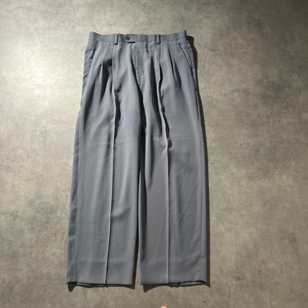 ヴィンテージ 3タック ブルーグレー ワイド デザイン スラックス