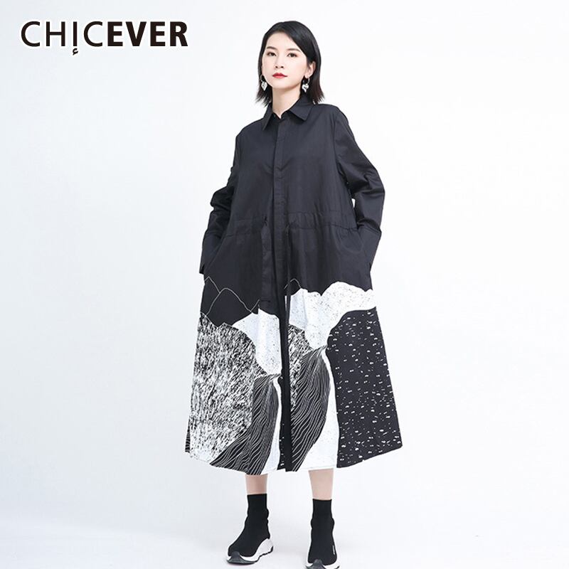 CHICEVERプリントドレスレディースラペルカラー長袖ウエストレースアップヒットカラーオーバーサイズドレス2020 ロング 6base562342535885
