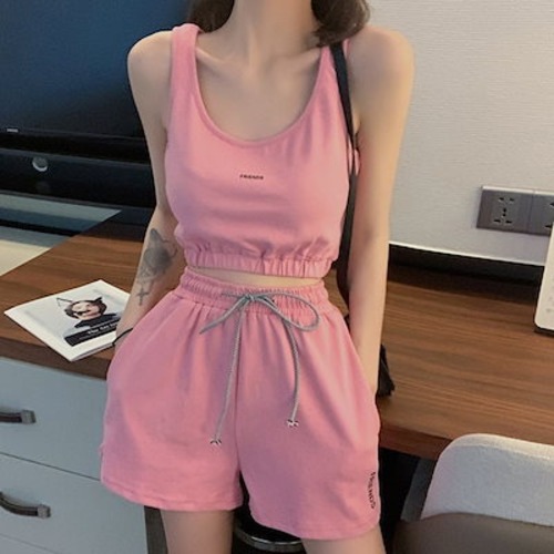 カジュアルヨガセットアップ ベスト+ショートパンツ 新作ランニングフィットネス スーツinsスウェット上下セット レディース 2点セット