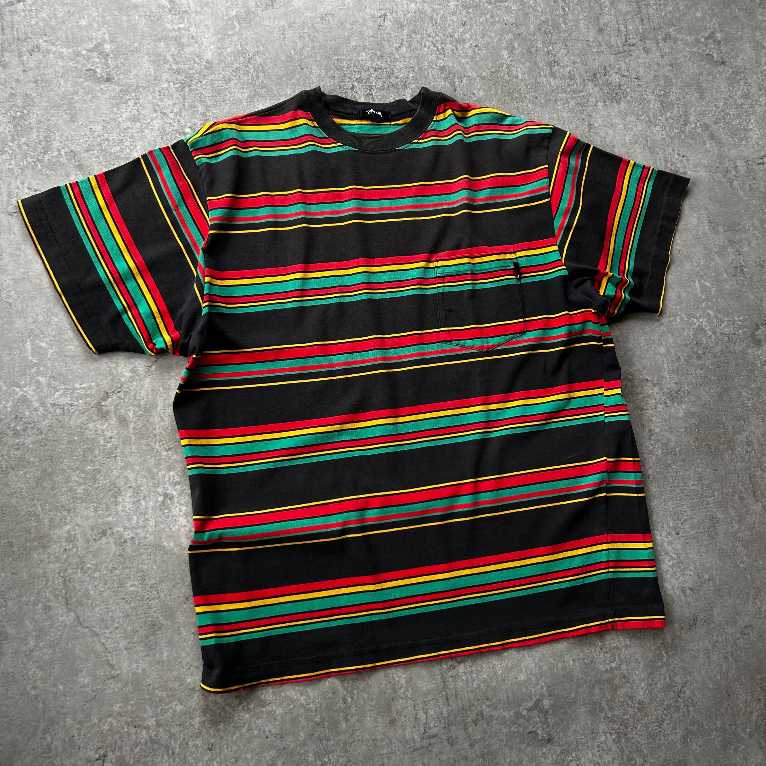 80s old stussy マルチボーダーtシャツ 黒 XL ラスタカラー | 東京準備室