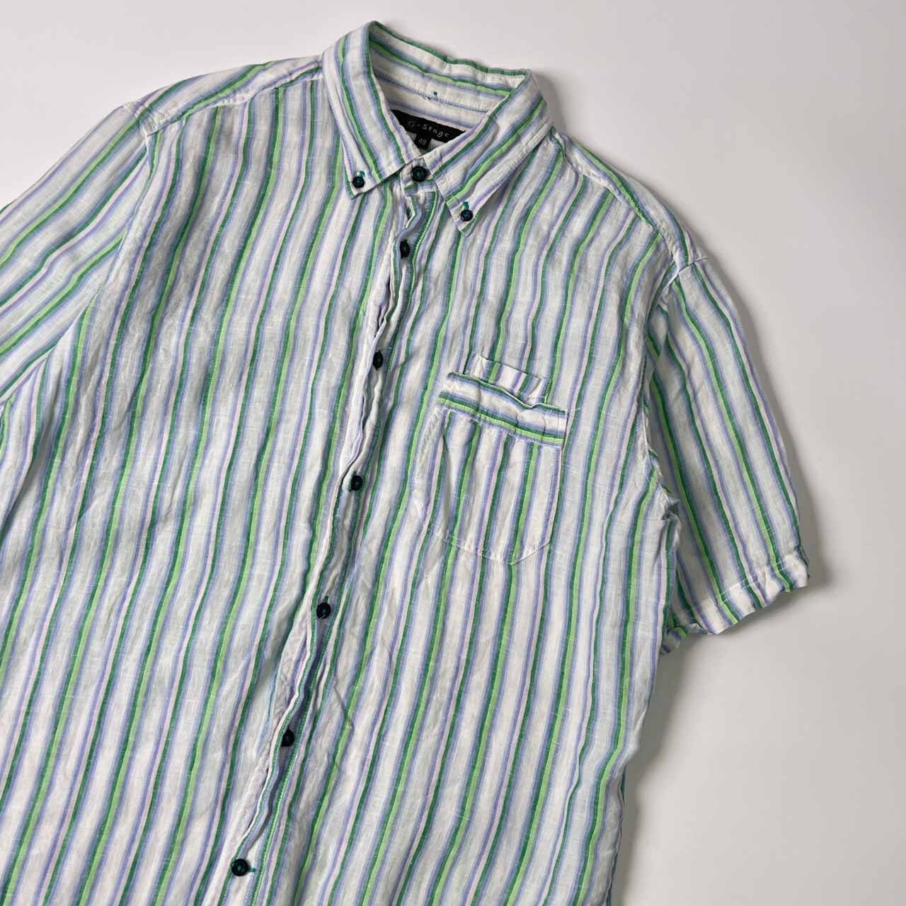リネン100% G-STAGE ジーステージ ストライプ BD ボタンダウン 半袖シャツ 48/マルチ メンズ