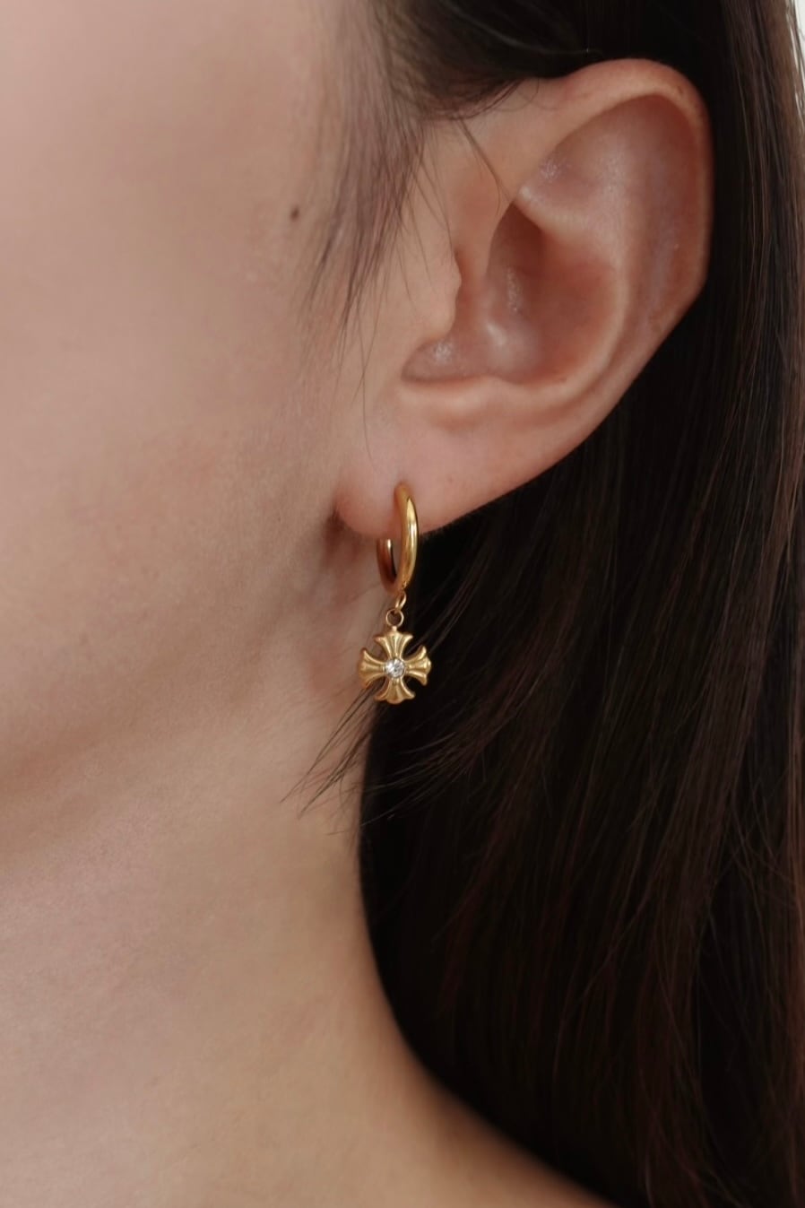 cross stone hoop pierce | 金属アレルギー対応のアクセサリー crea