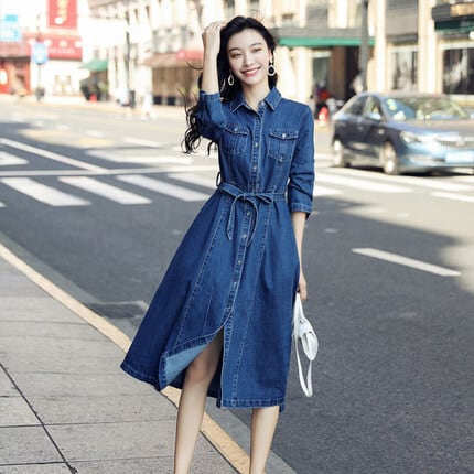 ワンピース デニムスカート デニムワンピース 膝下 袖あり 長袖 襟付き