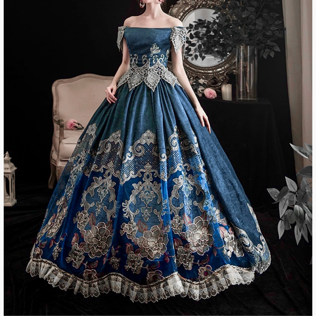 ファッション通販 ファッション 青 ビーズ刺繍 ロングドレス