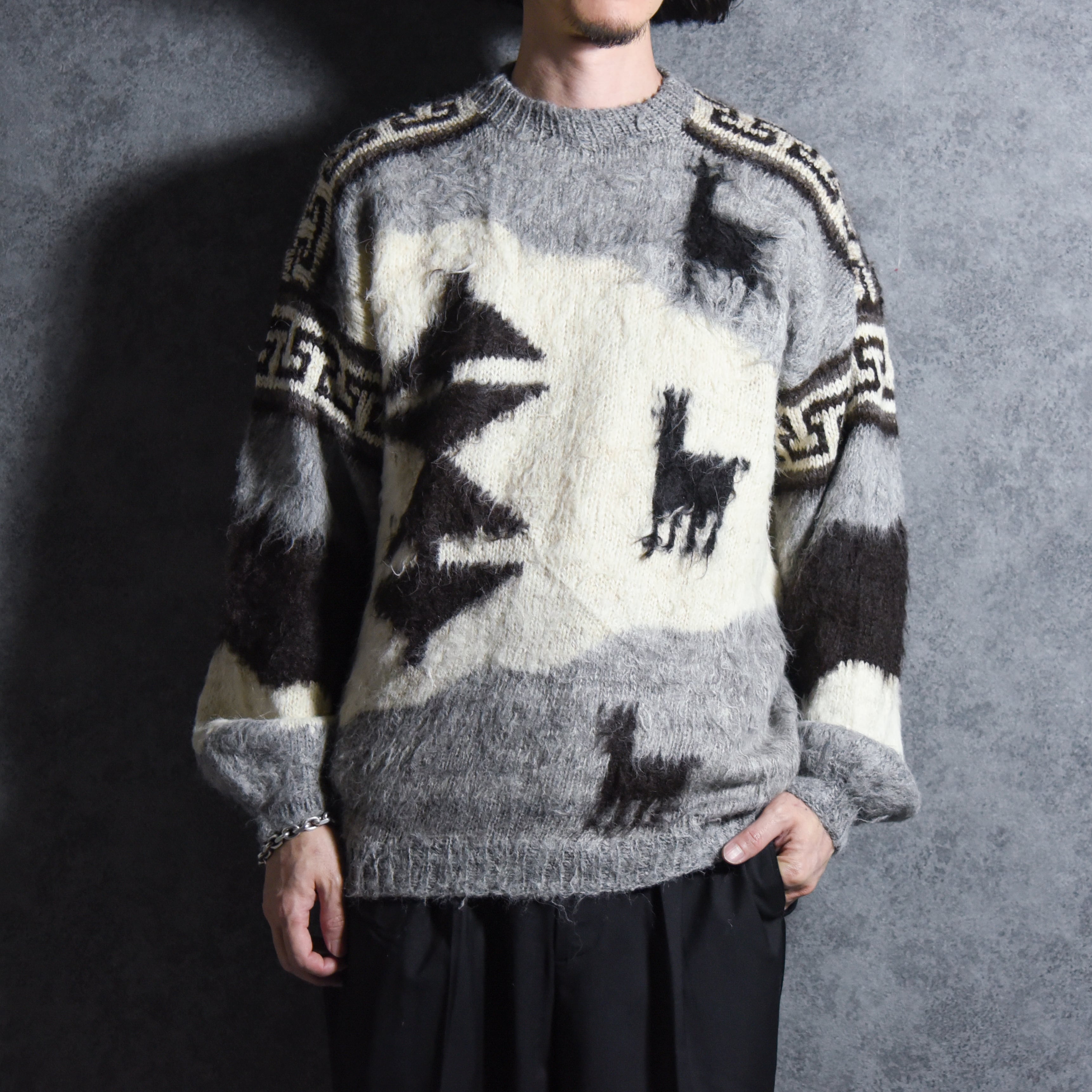 80-90s Alpaca Whole Garment Knit Sweater Made in Bolivia アルパカ