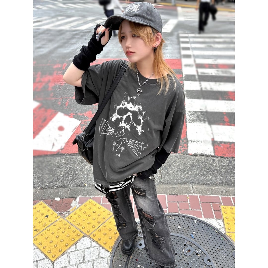 1/14 完売→再入荷！】ブラックダメージ ワイドデニムパンツ