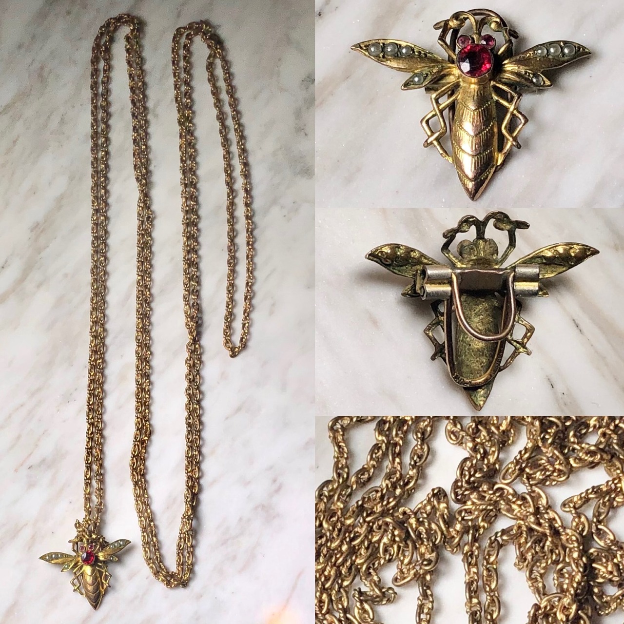 vintage super long metal chain with bee pendant