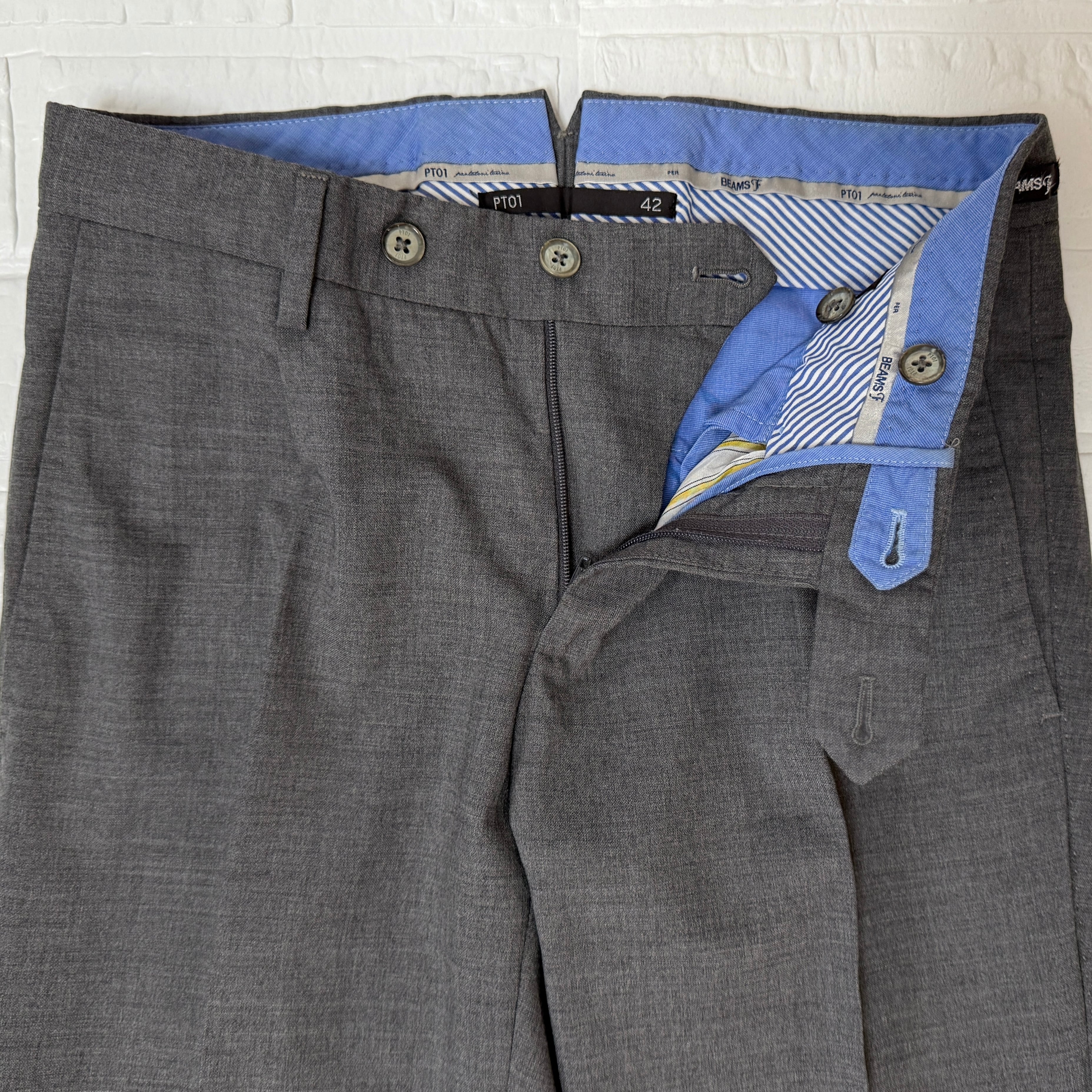 PT01×BEAMS F 1プリーツ ウール スラックス (グレー、サイズ42、XS