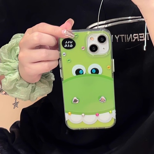 iPhone15 Pro Maxケース ワニ柄 ラインストーン付き iPhone15 Proケース かわいい 萌えキャラ アイフォン15カバー キラキラ iPhone14 13 12ケース ユニーク★