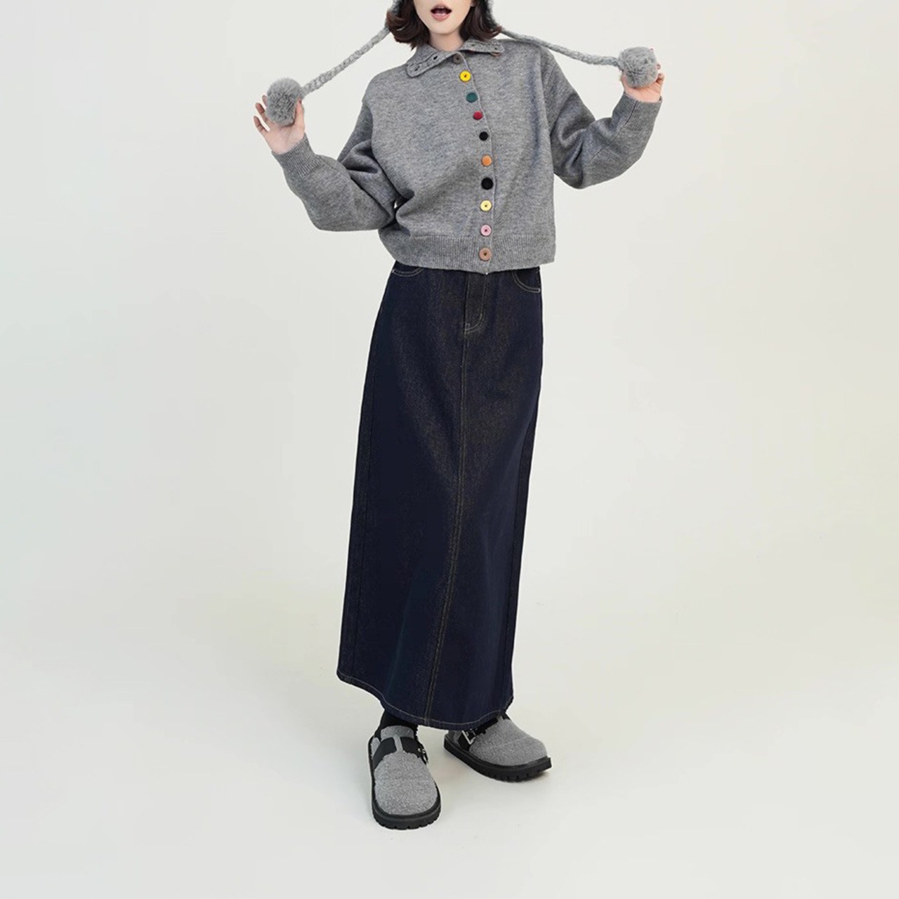 タートルネック ニットカーディガン H0017