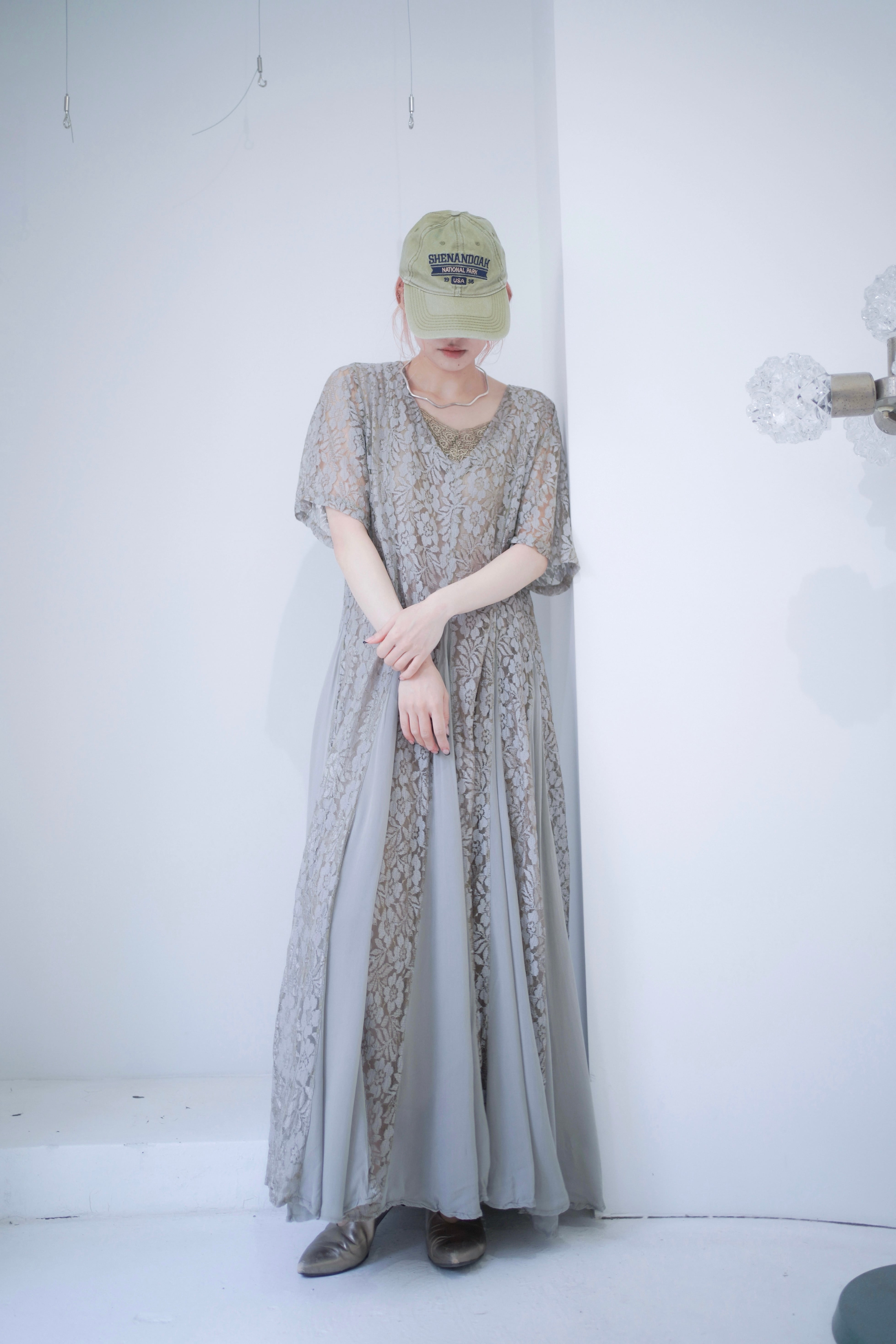 blue gray lace flare dress