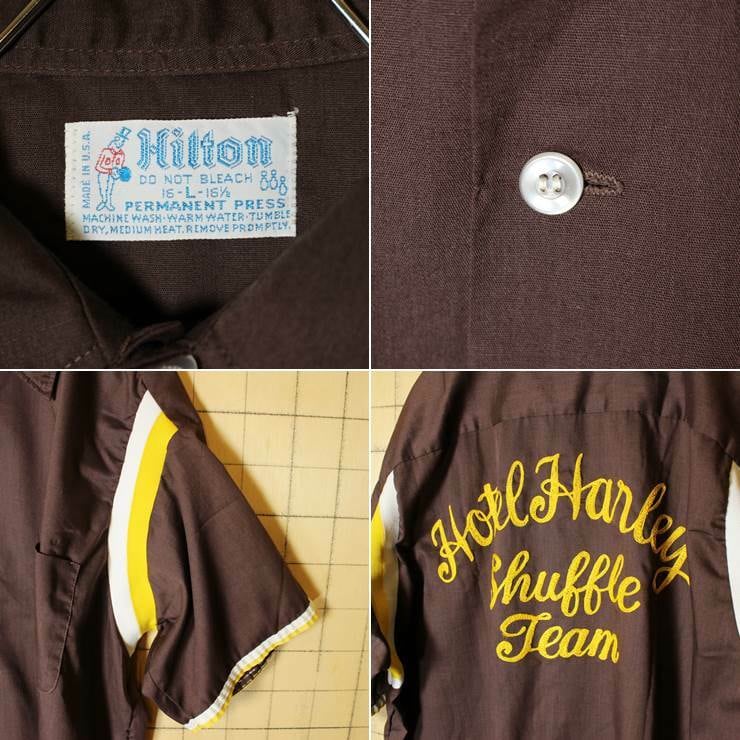 70s USA製 Hilton ヒルトン ボウリングシャツ チェーンステッチ 半袖 ブラウン メンズL 古着 HotelHarley Shuffle  Team　070319ss111