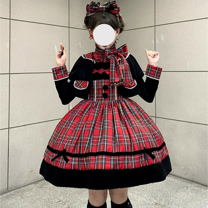 予約商品 クラロリ 3点セットアップ チェック柄 ジャケット ヘッドバンド サスペンダースカート