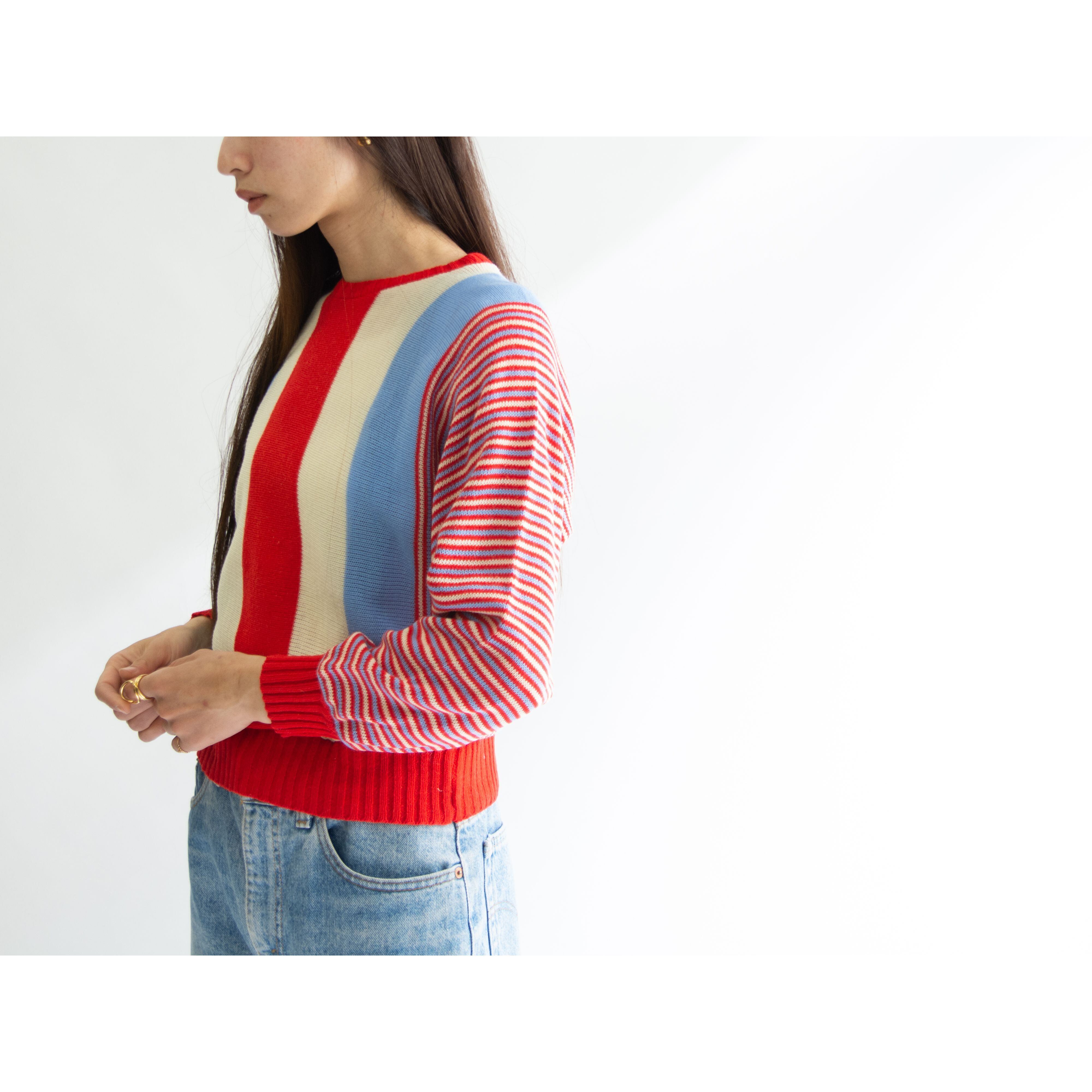【Made in France】100% Acrylic stripe sweater（フランス製 ストライプ柄アクリルセーター クルーネックニット ）12b