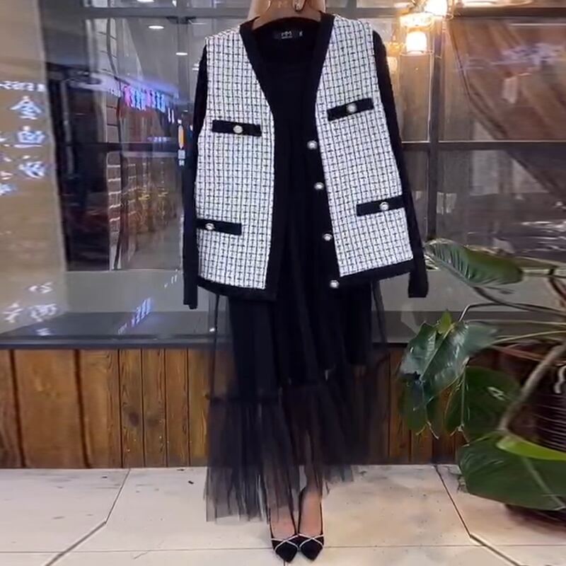 2020プラスサイズの女性の秋の服新しい太った姉妹mm小さな香りのよいチョッキドレスツーピーススーツは薄くて年齢を減らしました ミックスインファッション95748251749