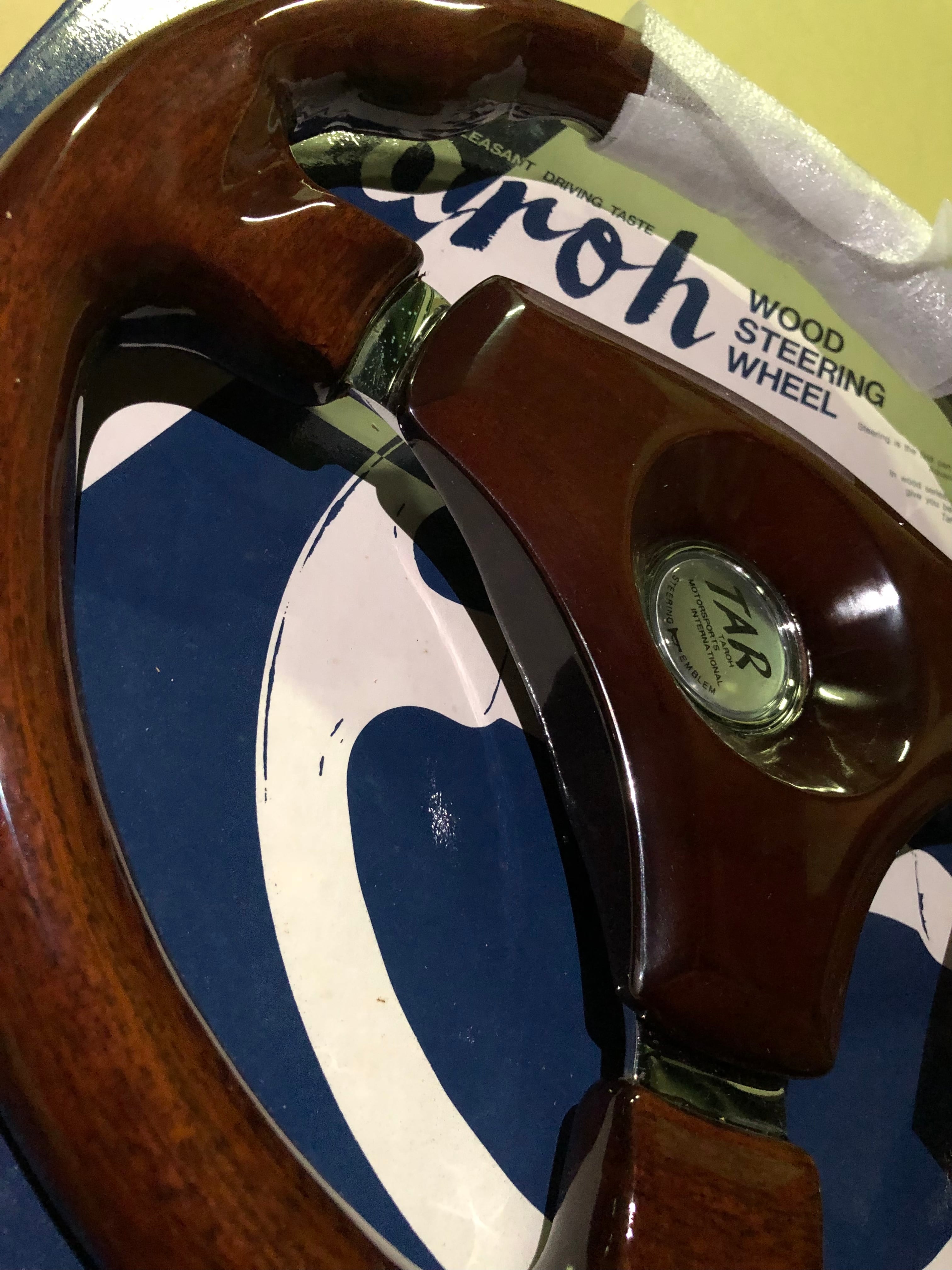 当時物”350mmΦウッドステアリング ウッドパット付 ホーンボタン付