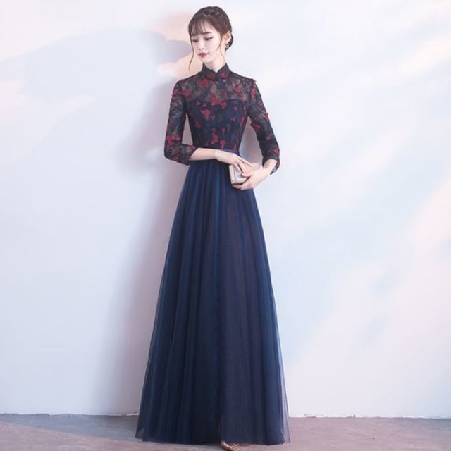 パーティードレス メッシュ スタンドカラー ハイネック マキシ ロング フレア Ａライン フェミニン エレガント パーティー 女子会 結婚式 二次会 お呼ばれ ワンピース フォーマル 2018年新作 婚活パーティー 披露宴 ウェディング 演奏会