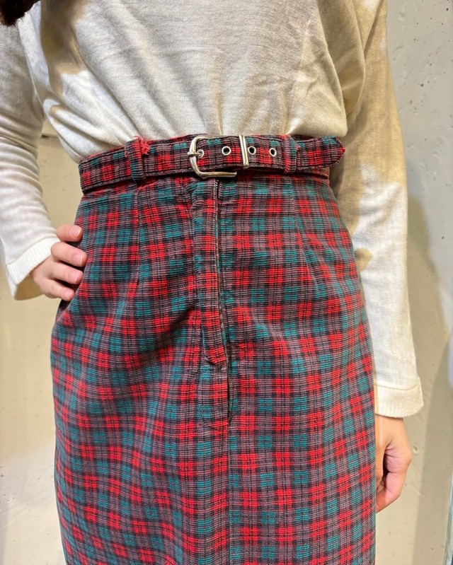 50's red×green check  skirt with belt