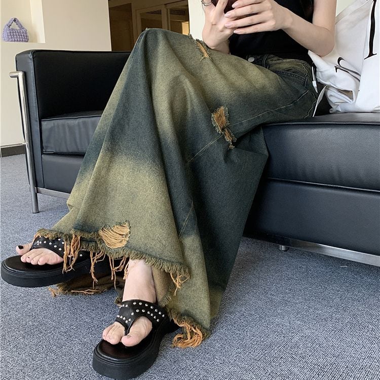 デニムスカート ヴィンテージ風 ダメージ加工 フリンジ 切りっぱ デニムスカート ヴィンテージ風 ダメージ加工 フリンジ 切りっぱ