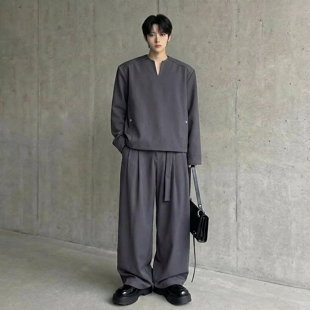ジッパー装飾Vネックプルオーバー&ワイドレッグパンツセットアップ 2カラー D11894