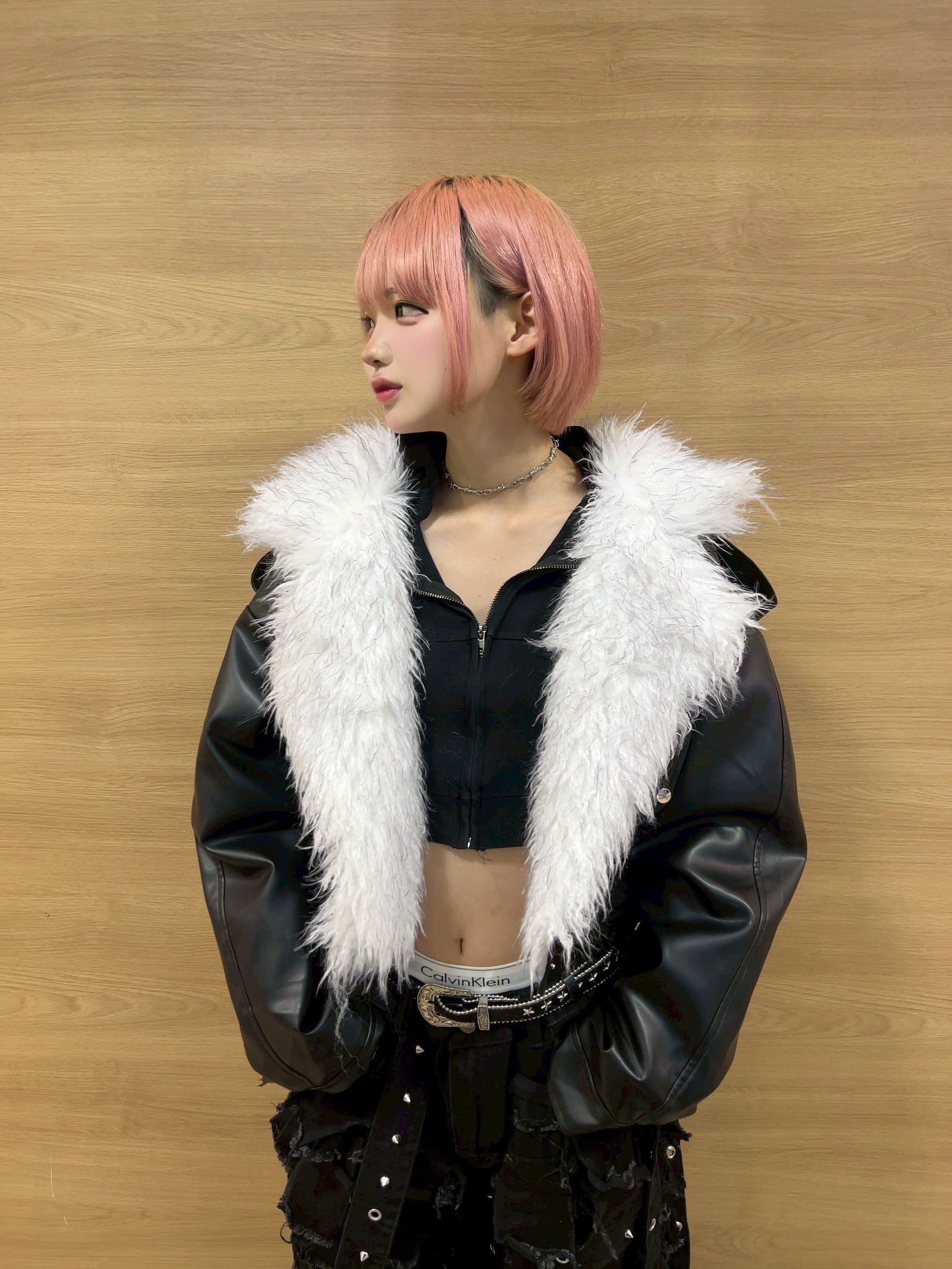 クロップドレザーファージャケット ストリート Y2K | 韓国系ユニ